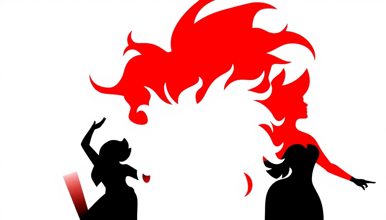 An abstract, minimalist illustration featuring sharp, geometric shapes in bright red, white, and black, capturing the high-energy and theatrical nature of a drag performance.