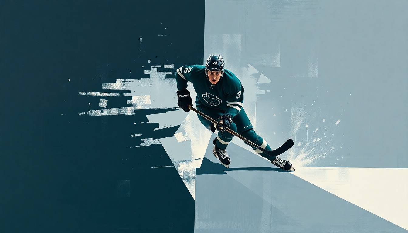 A cubist, geometric painting depicting a hockey player in mid-action, their body broken down into sharp, overlapping planes of muted navy, green, and grey tones, capturing the fragility and uncertainty surrounding the Stars' injury situation.