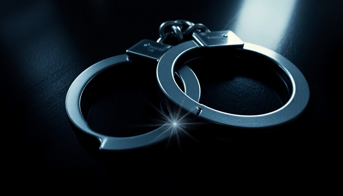 An extreme close-up photograph of a pair of handcuffs lying on a dark surface, the metal reflecting a harsh flash of light, conceptually illustrating the escape of a high-risk offender from custody.