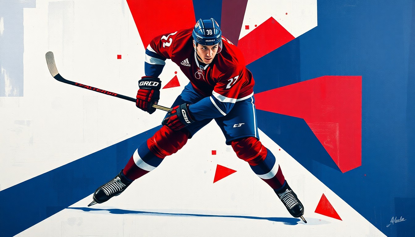 A fragmented, cubist-style painting depicting a hockey player in motion, broken down into sharp, overlapping planes of navy blue, crimson red, and white, conveying the dynamic energy and progression of a young athlete's professional aspirations.