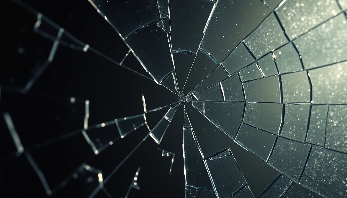 An extreme close-up photograph of a shattered glass surface, reflecting a faint light and evoking the fragility and emotional turmoil of the characters' journeys in the Shrinking season finale.