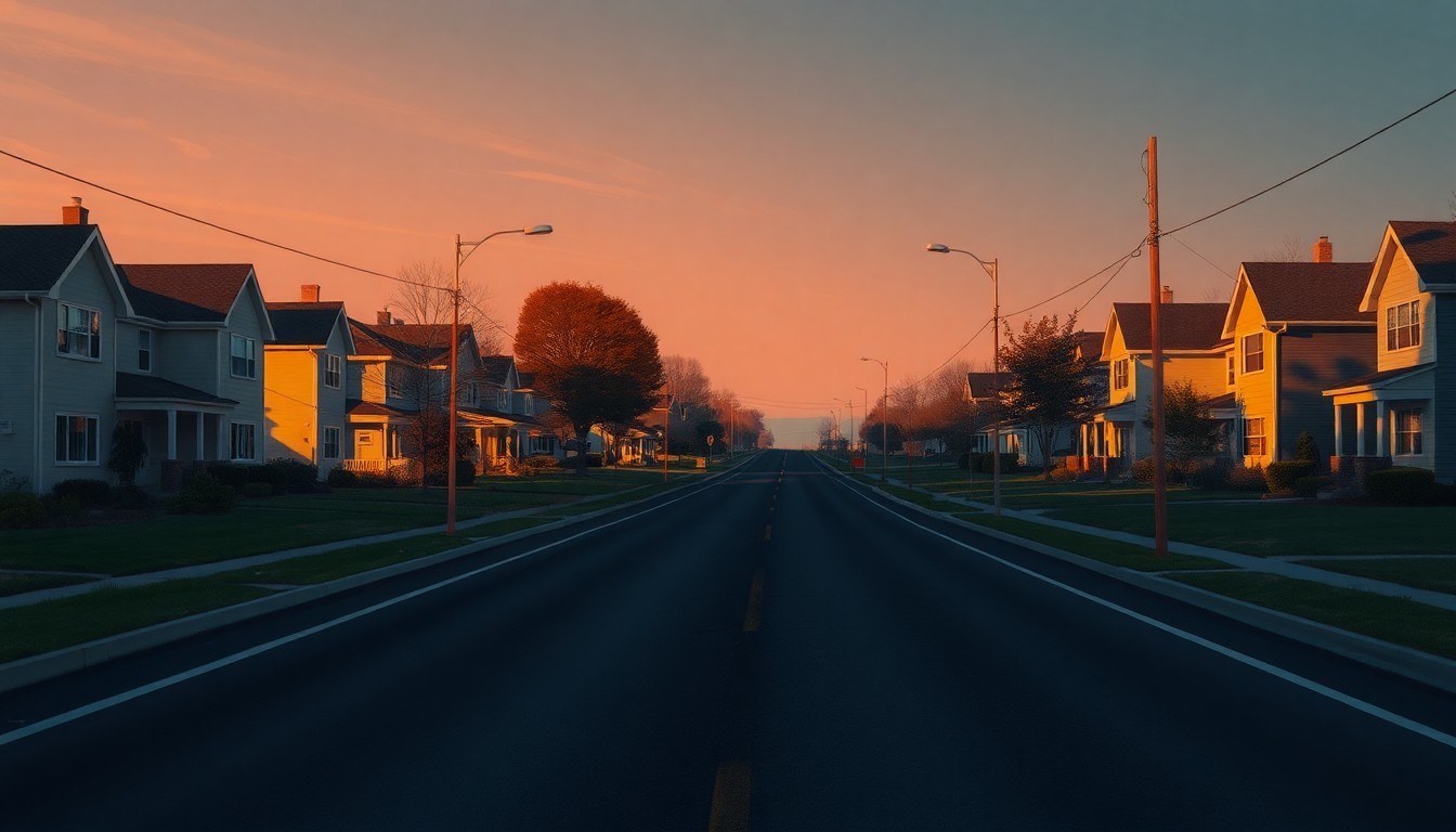 A serene, nostalgic painting of an empty suburban road cutting through a neighborhood, with warm sunlight and deep shadows creating a cinematic mood.