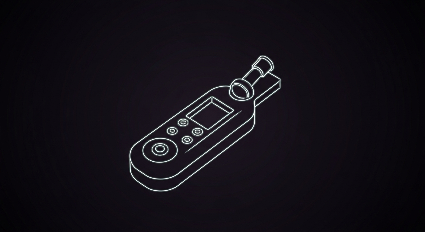 A minimalist design in the style of Keith Haring where the outline of a breathalyzer device is defined entirely by vibrant neon lines against a dark background, emphasizing the shape and electricity of the technology.