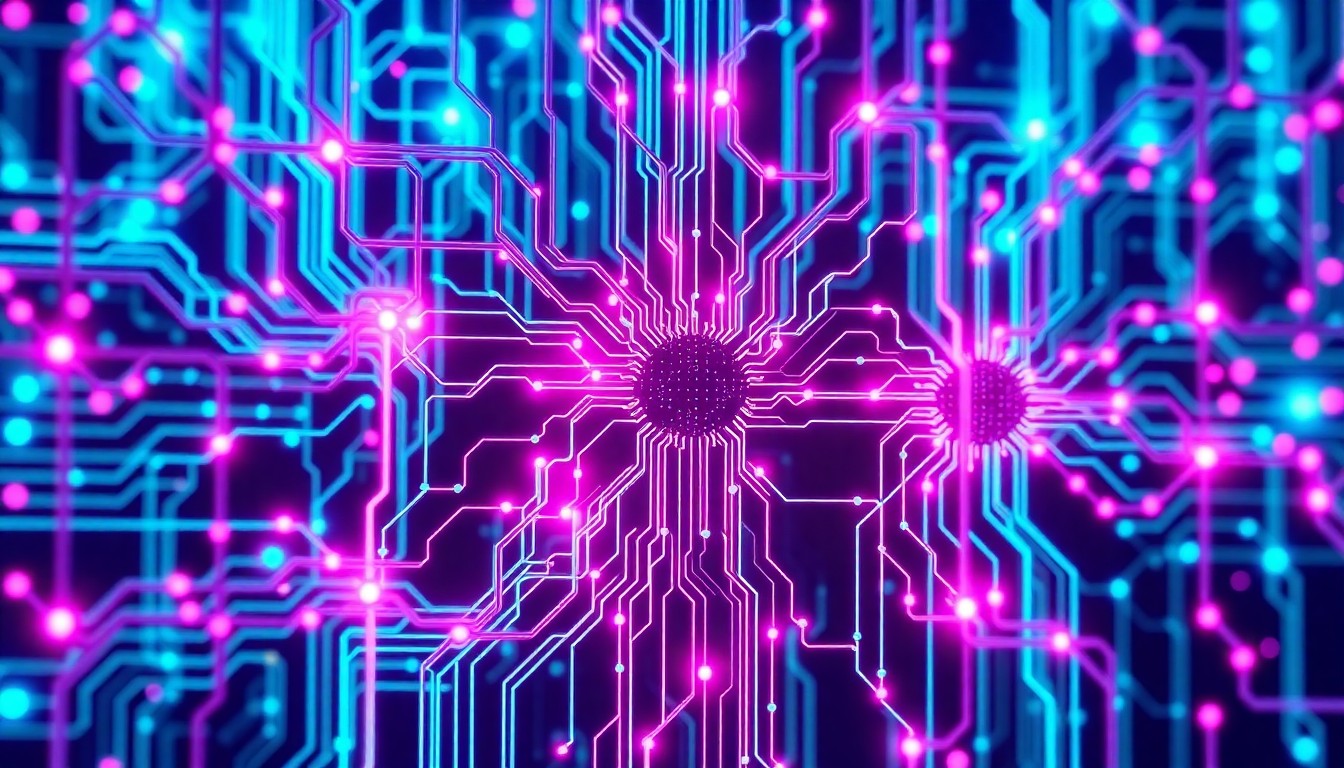 A highly detailed, glowing 3D illustration of a complex network of interconnected circuits, wires, and data nodes in shades of neon blue, purple, and magenta, conceptually representing the powerful AI infrastructure that powers Intuist's Agentic AI solutions.