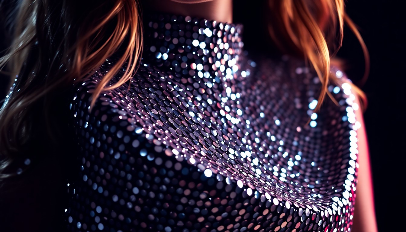 An extreme close-up of shimmering, glittering sequins captured in high-contrast studio lighting, conveying the luxurious, high-fashion aesthetic of a confident, empowered female performer.