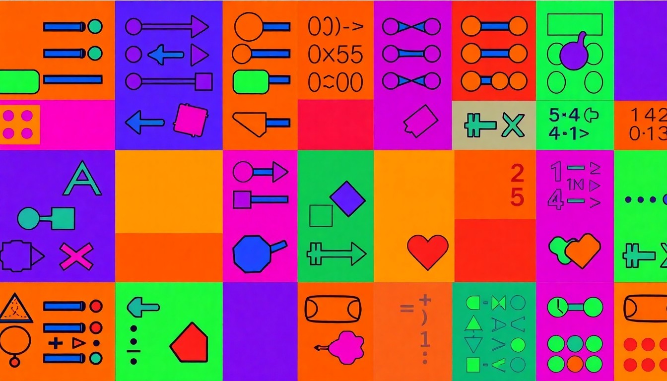 A vibrant, high-contrast silkscreen print featuring a repeated geometric shape in neon colors, conceptually representing the hands-on, engaging math experiences offered by MathHappens Foundation.