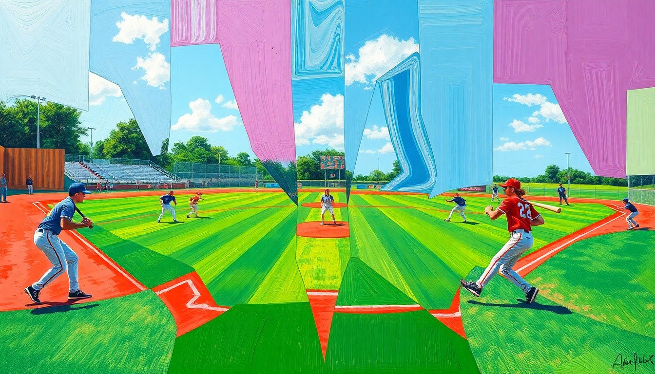 A fragmented, geometric painting depicting the dynamic motion and energy of a high school softball game, with players' bodies and the field elements broken down into sharp, overlapping planes of color.