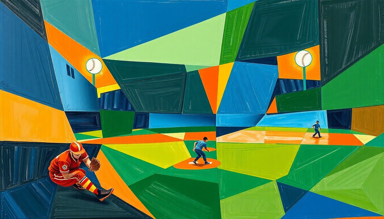 A fragmented, geometric painting depicting the dynamic movements and competitive energy of a high school softball game, with sharp planes of navy, green, and orange intersecting to create a visually striking and conceptual representation of the sport.