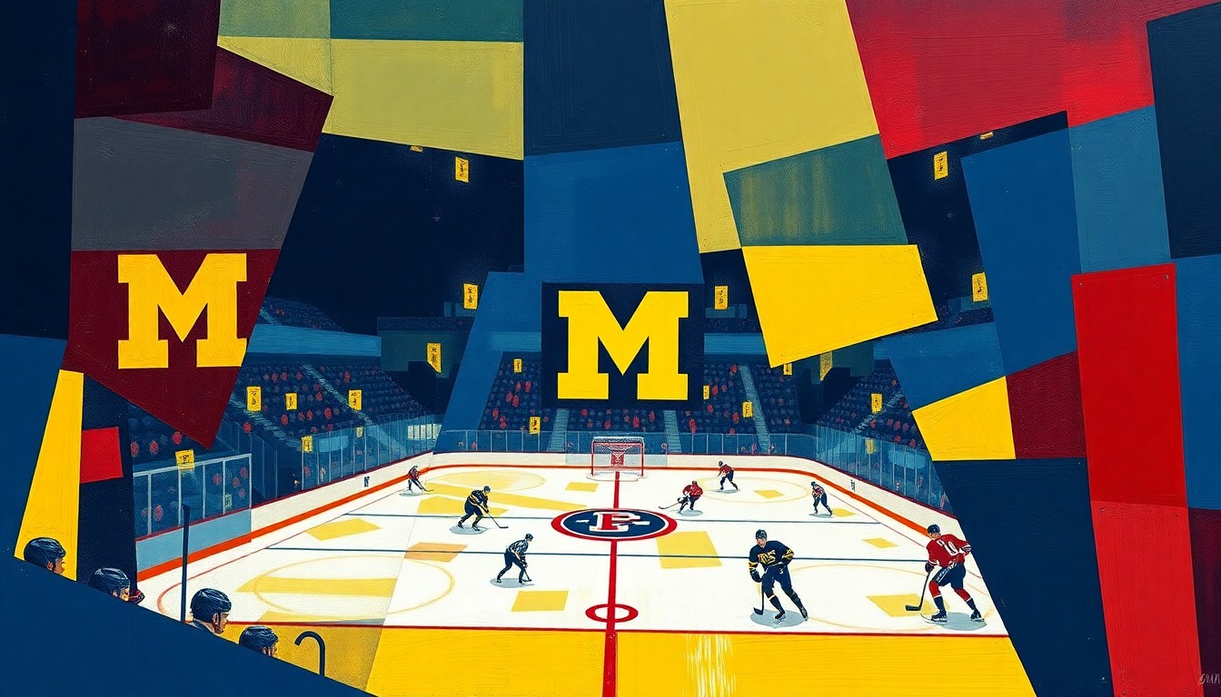 A cubist, geometric painting depicting a college hockey game between Michigan and Denver, with the players and action broken down into sharp, overlapping planes of color in navy blue, maize yellow, and crimson red.