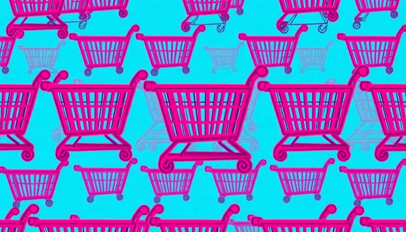 A vibrant, high-contrast silkscreen print featuring a grid of stylized shopping cart icons in neon pink, yellow, and blue, conceptually representing the excitement and affordability of the Goodwill store's special promotion.