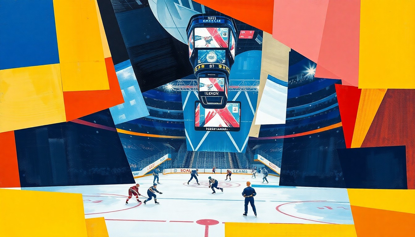 A cubist, geometric painting depicting the energy and movement of a hockey game, with sharp, overlapping planes of ice, sticks, and the iconic Madison Square Garden arena, capturing the personal triumph of a young player's NHL debut.