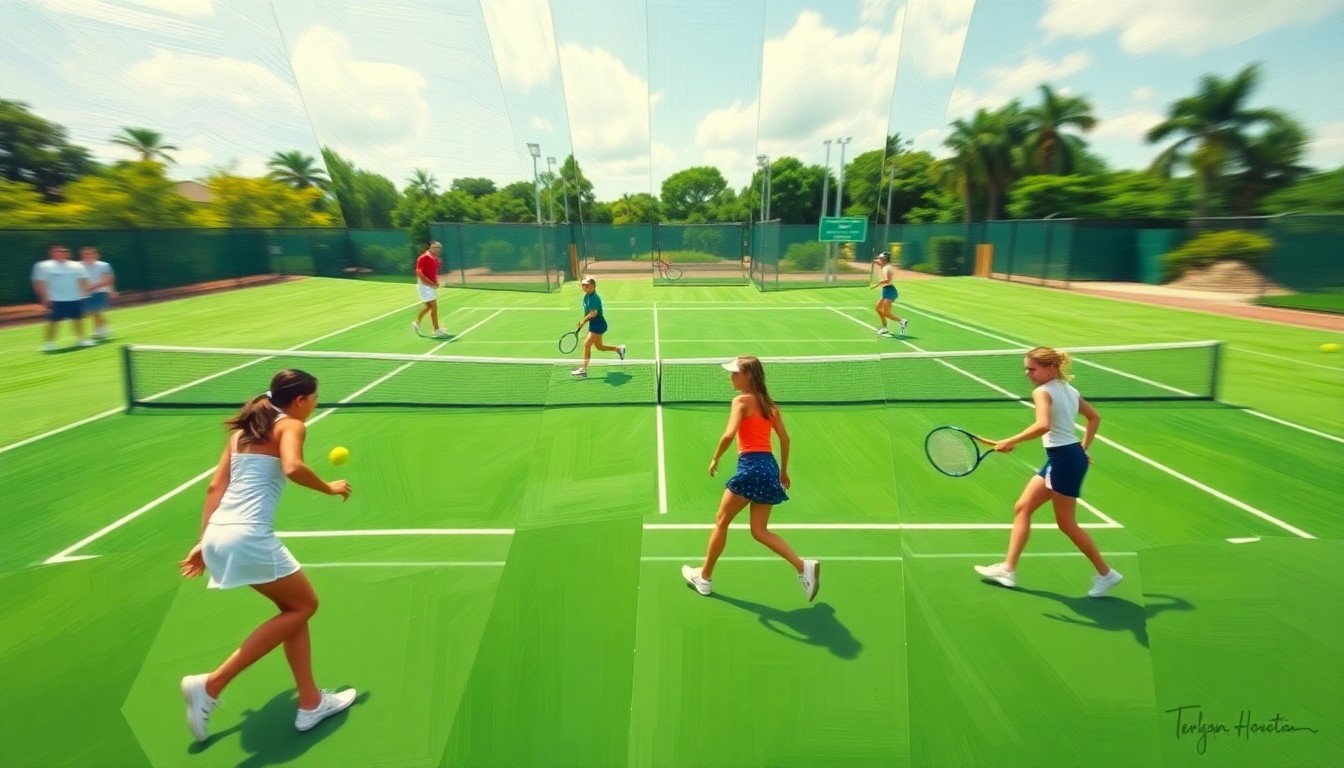 A cubist, geometric painting depicting a high school girls tennis match, with sharp planes of green courts, yellow balls, and blurred player movements, conveying the dynamic energy of the sport.