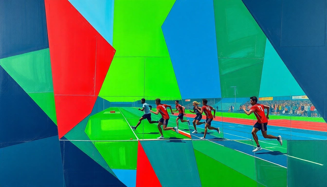 A cubist, geometric painting depicting a high school track and field competition, with overlapping planes of navy blue, kelly green, and crimson red representing the dynamic movements and energy of the athletes.