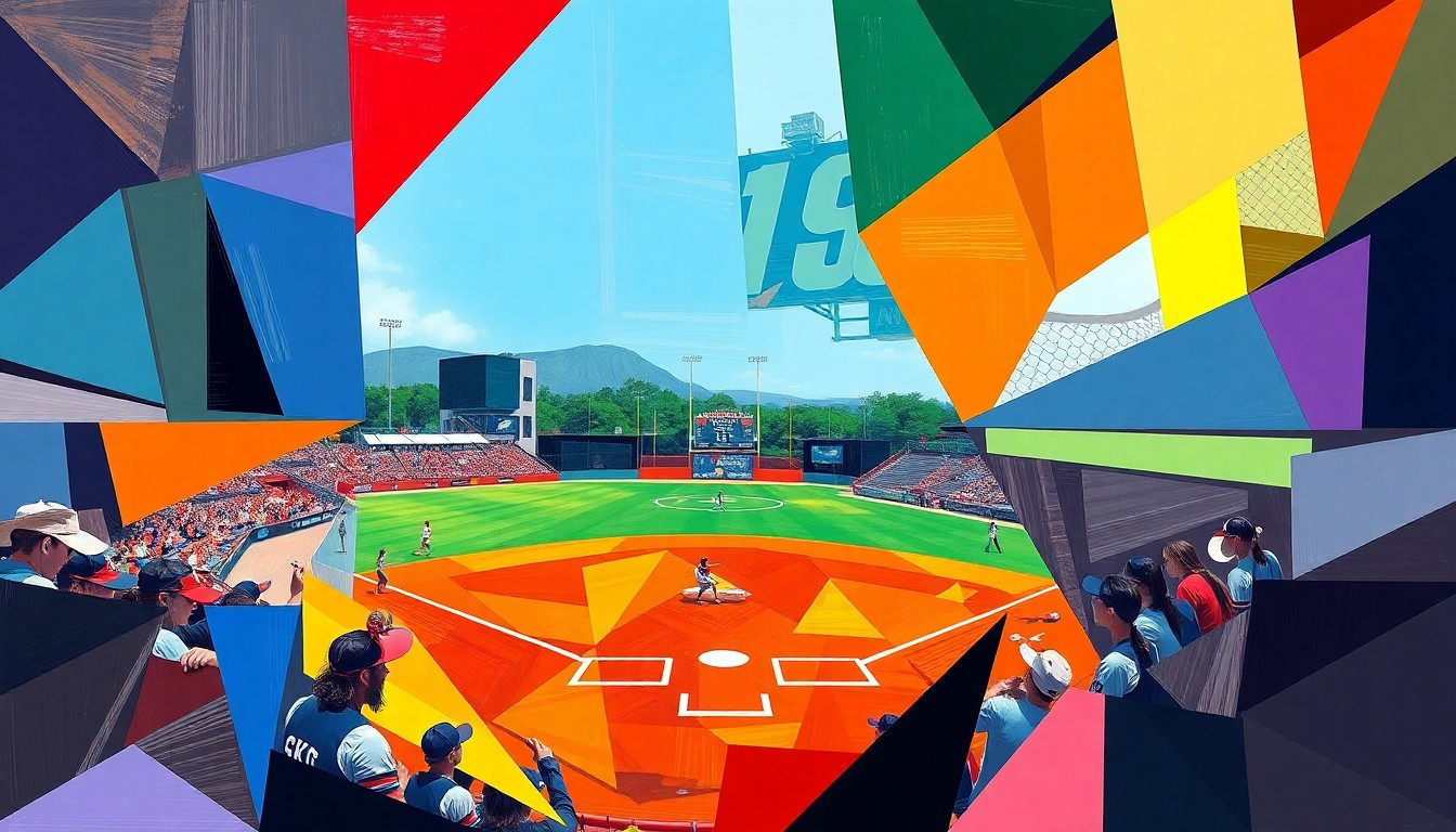 A fragmented, geometric painting depicting a high school softball game, with sharp planes of color representing the players, field, and action on the diamond.
