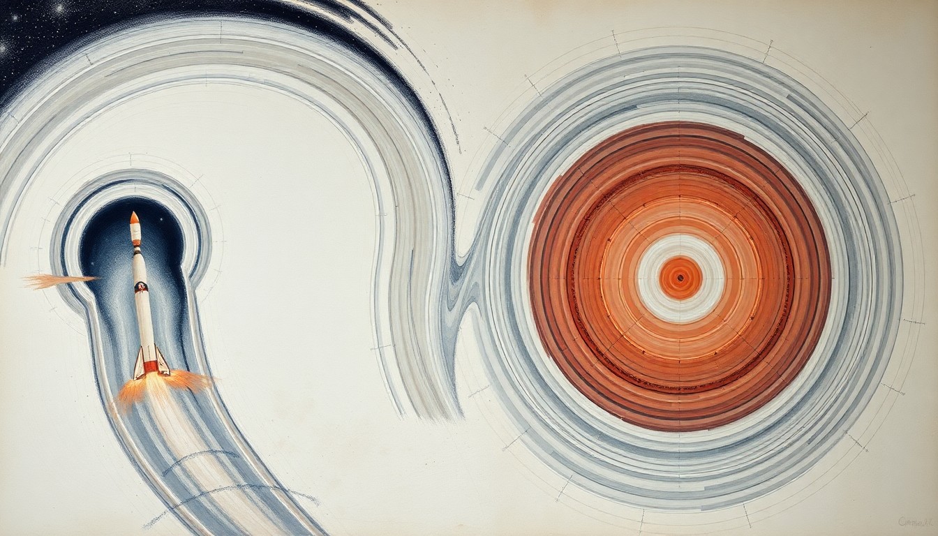 A highly structured abstract painting in soft, muted colors featuring sweeping geometric arcs, concentric circles, and precise spirals, representing the launch of the SpaceX Falcon 9 rocket and the deployment of Starlink satellites.