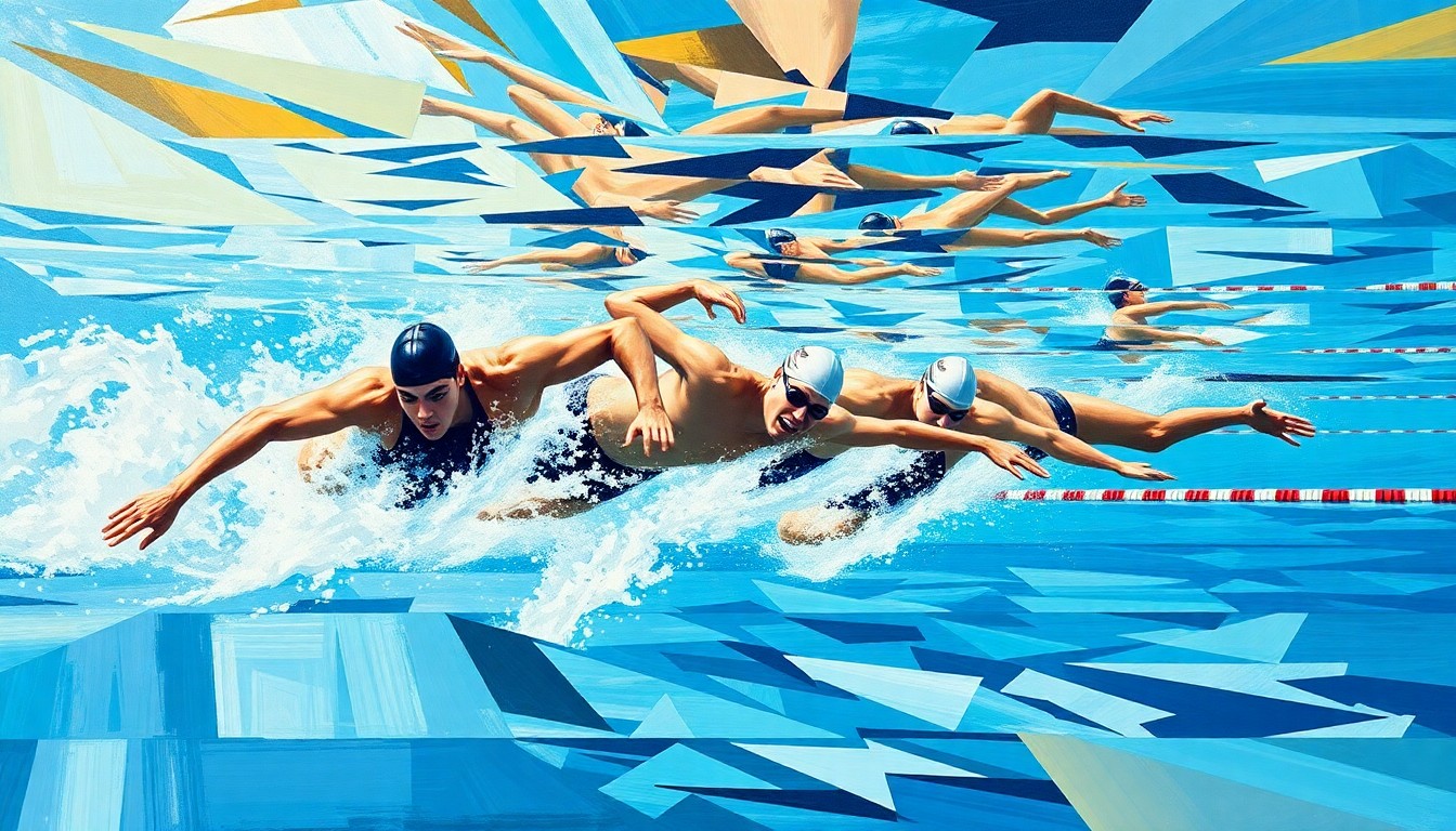 A cubist-style painting depicting the chaotic energy and overlapping movements of a college swimming relay race, with swimmers and water rendered in fragmented geometric shapes and planes of color.