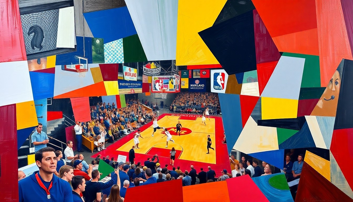 A fractured, geometric painting in vibrant colors representing the Maryland Terrapins' basketball team, with overlapping planes and shapes that deconstruct the sport into an abstract, conceptual composition.