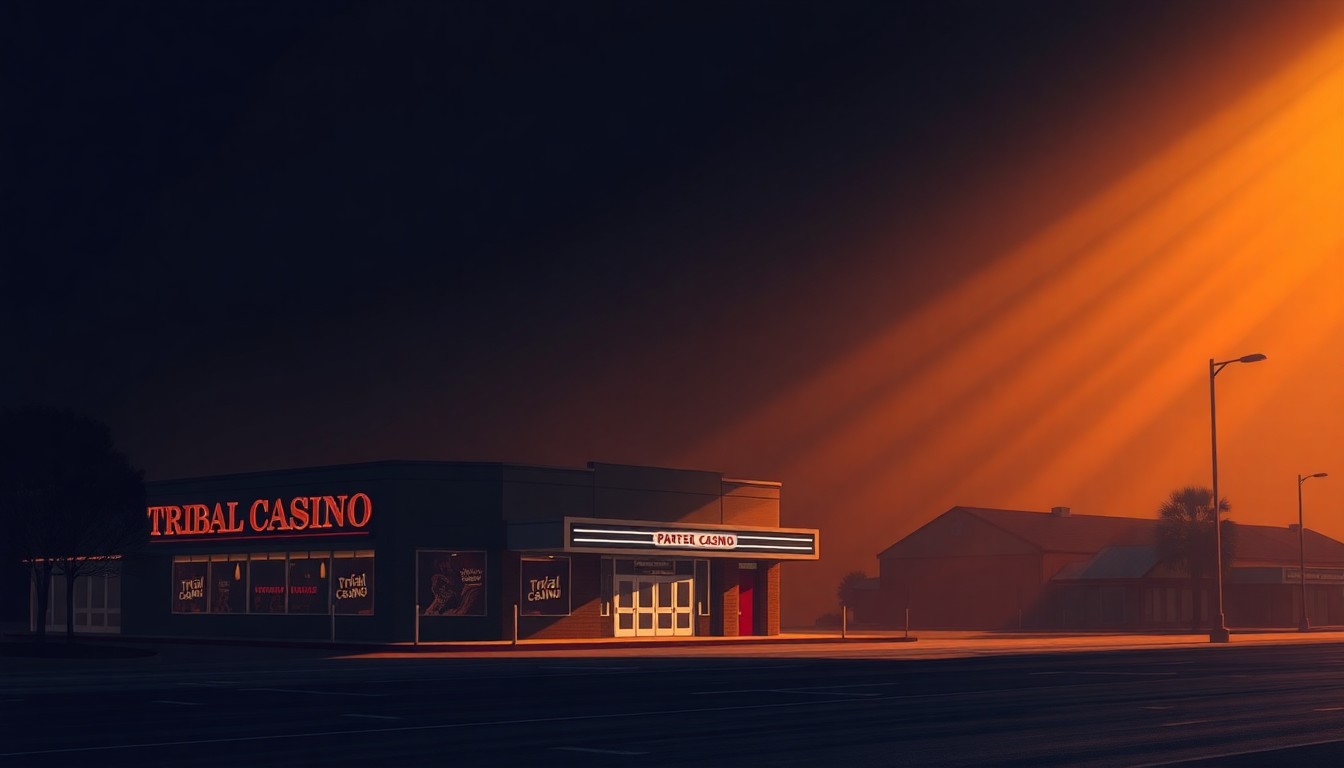 A photorealistic painting of a solitary tribal casino building in a warm, urban setting, with diagonal sunlight casting deep shadows across the structure, conveying a sense of quiet contemplation around the intersection of tribal sovereignty and the modern sports betting industry.