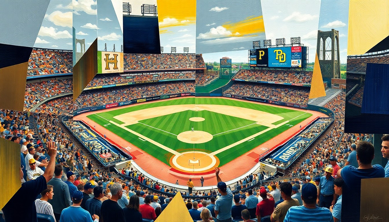 A fragmented, geometric painting depicting a baseball game in motion, with overlapping planes of color and shape representing the dynamic action on the field.