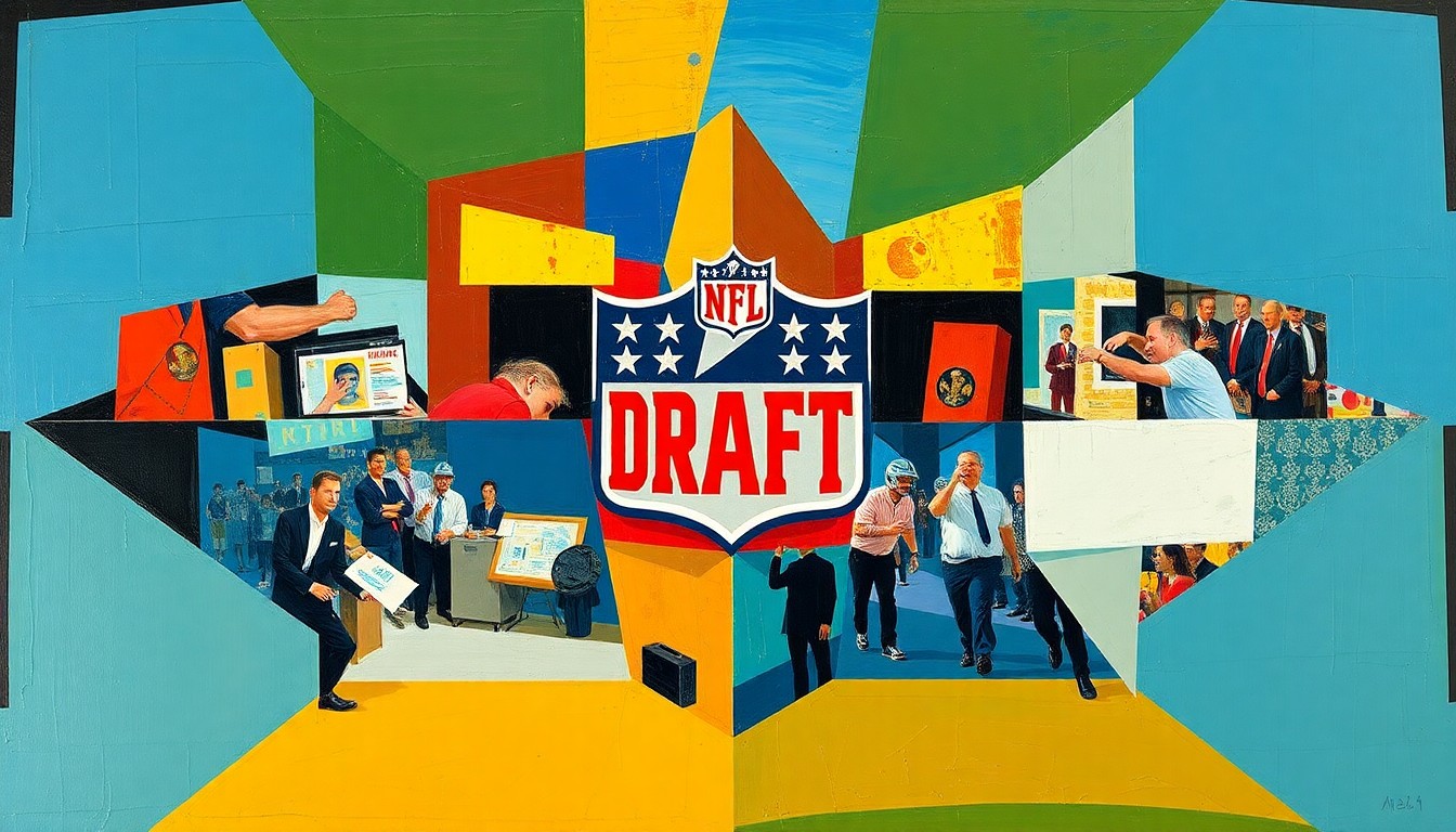 A fractured, multi-perspective painting in a cubist style, breaking down a 2026 NFL Draft scene into sharp, overlapping geometric planes of color and form, conceptually representing the unique insights and bold predictions offered in Prisco's mock draft.