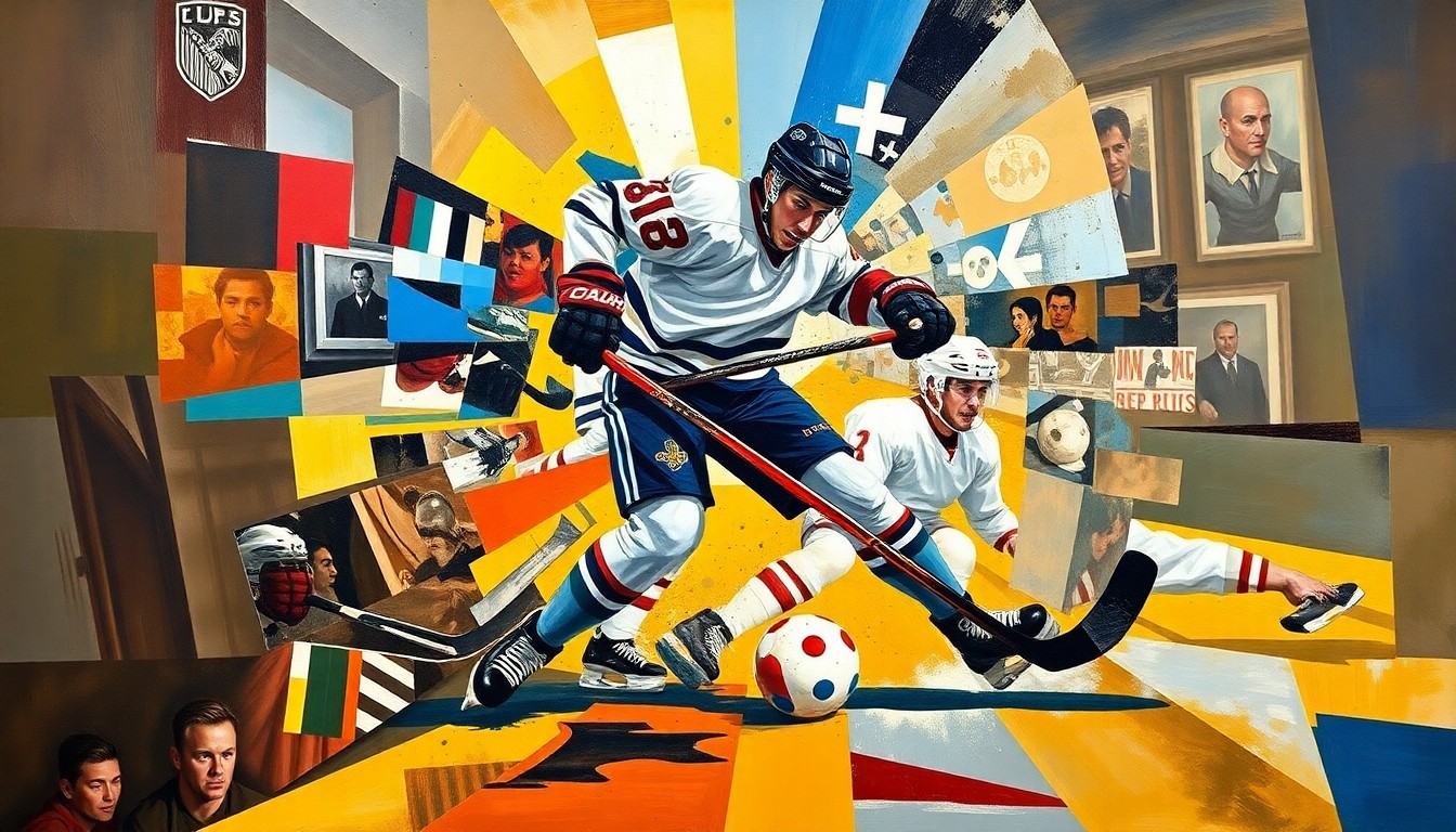 A fractured, geometric painting depicting the violent collision of two hockey players, conveying the raw physicality and lack of clarity in the NHL's disciplinary process.