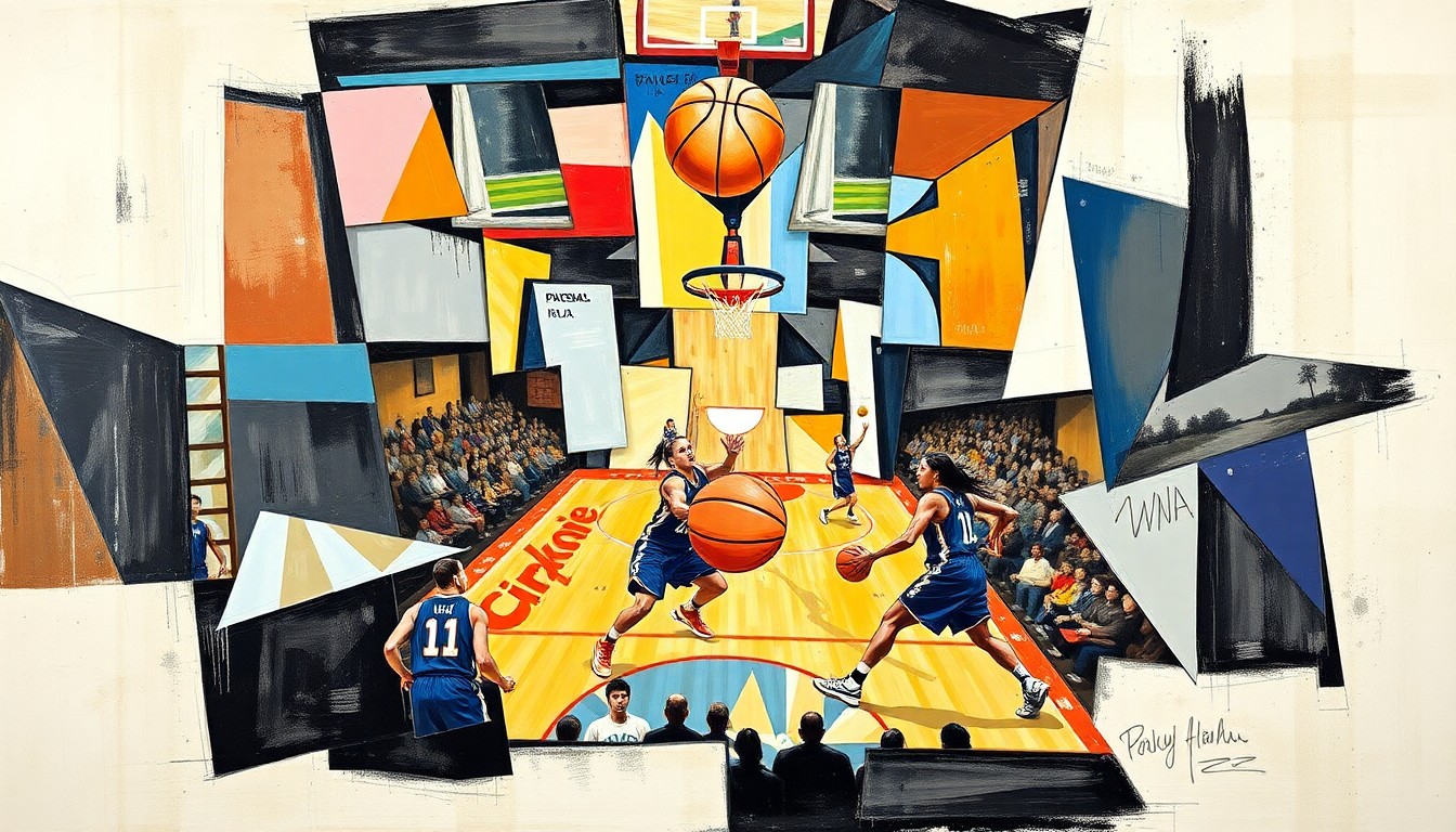 A cubist, geometric painting depicting fragmented basketball players and a ball, conveying the dynamic energy and strategic complexity of a WNBA game.