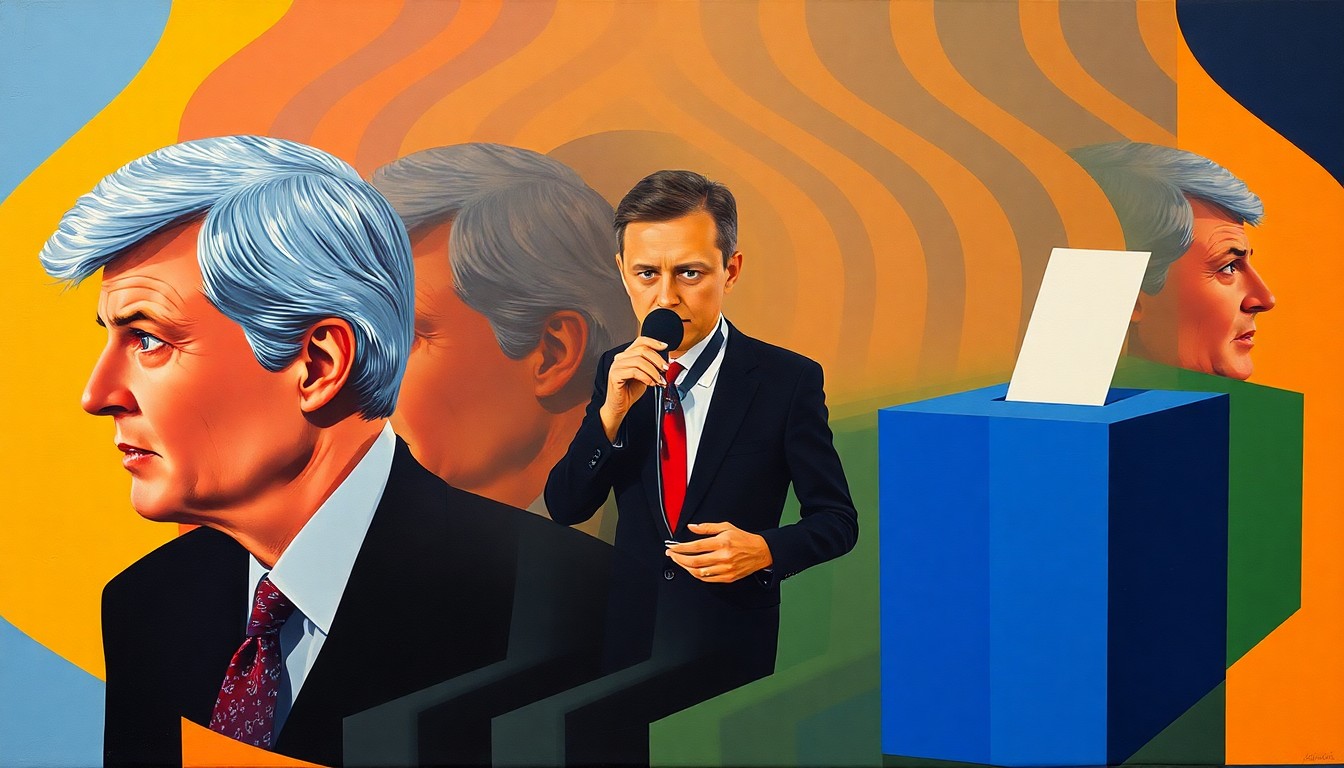 An abstract, avant-garde painting featuring overlapping, geometric shapes and waves of bold colors, representing the fractured and chaotic nature of the UK government's decision-making around local elections.