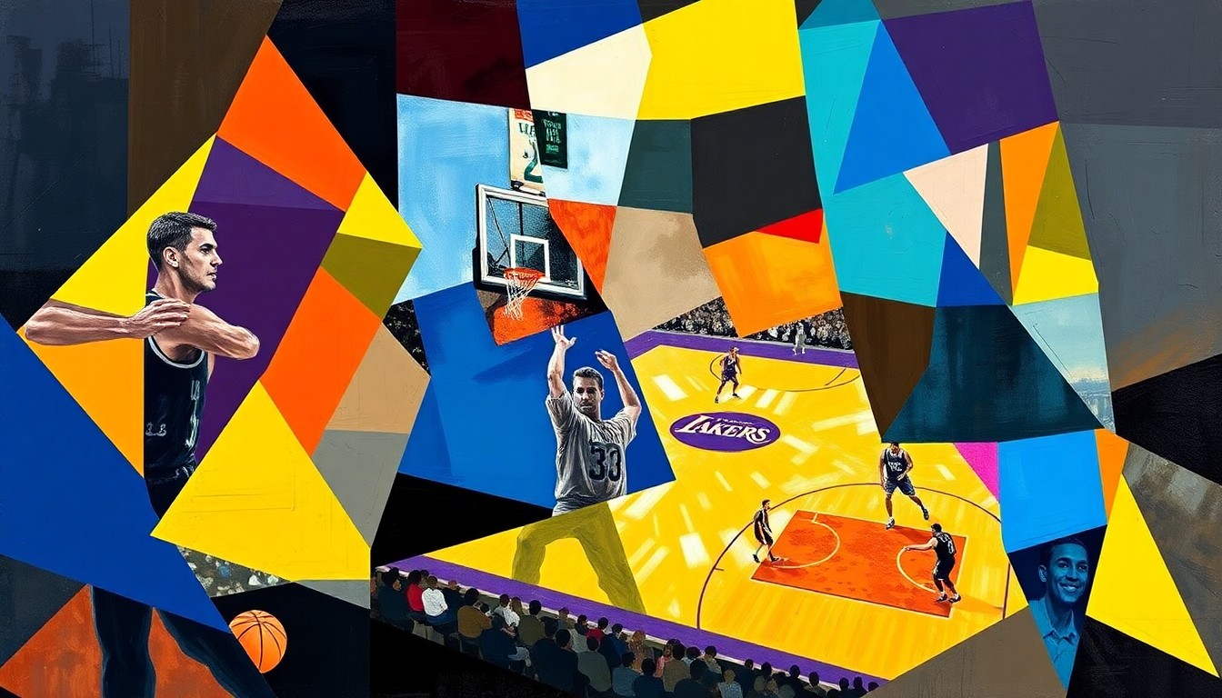 A cubist, geometric painting depicting a fragmented basketball game or match, with sharp, overlapping planes of purple, gold, and black colors representing the Los Angeles Lakers.