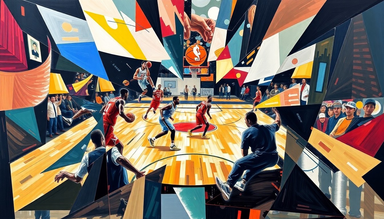 A fractured, multi-perspective painting depicting a basketball game or match, with sharp, overlapping geometric planes in vibrant colors, conceptually representing the tension and energy of the Giannis Antetokounmpo injury situation.