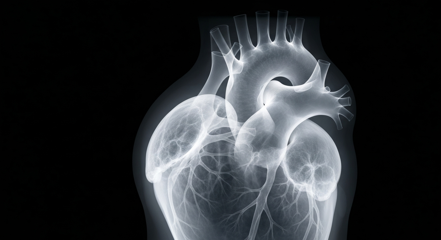 A ghostly, translucent X-ray-style image showing the internal structure of a human heart, conceptually illustrating the cardiovascular effects of Adderall use revealed in the Mayo Clinic study.