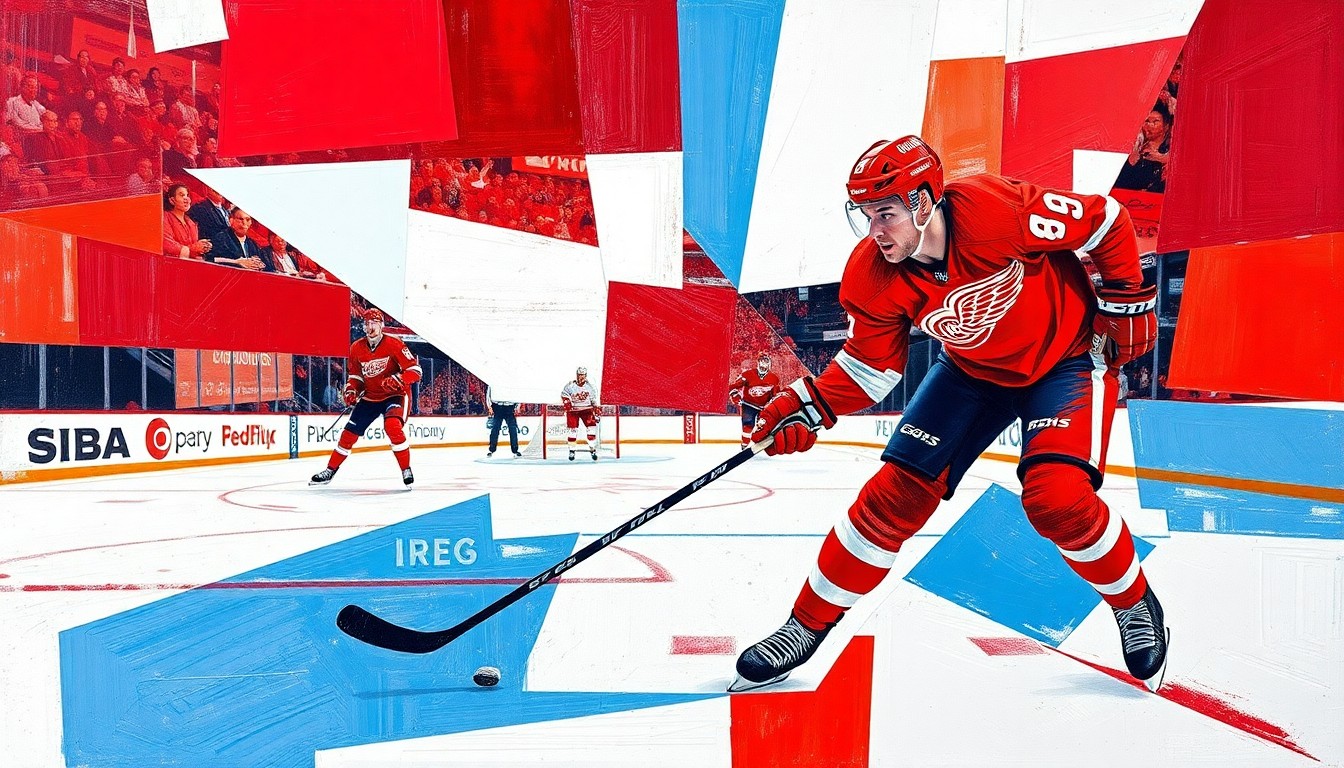 A cubist, geometric painting depicting a hockey game with the Detroit Red Wings, featuring sharp, overlapping planes of red, white, and blue colors that capture the intensity and movement of the sport.
