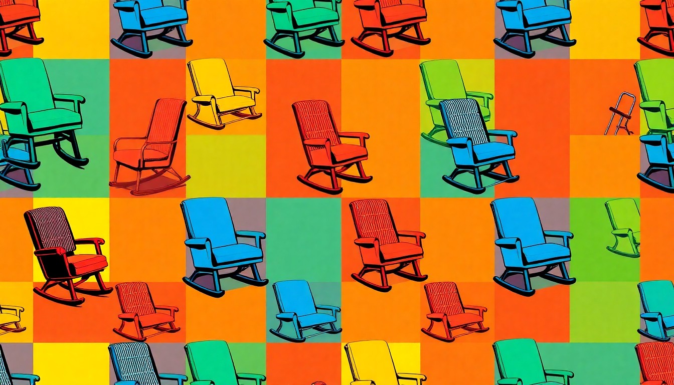 A repeating grid pattern of a stylized retirement home icon, such as a rocking chair or walking cane, rendered in a high-contrast, neon color palette with heavy black outlines, conceptually representing the variety of retirement living options.