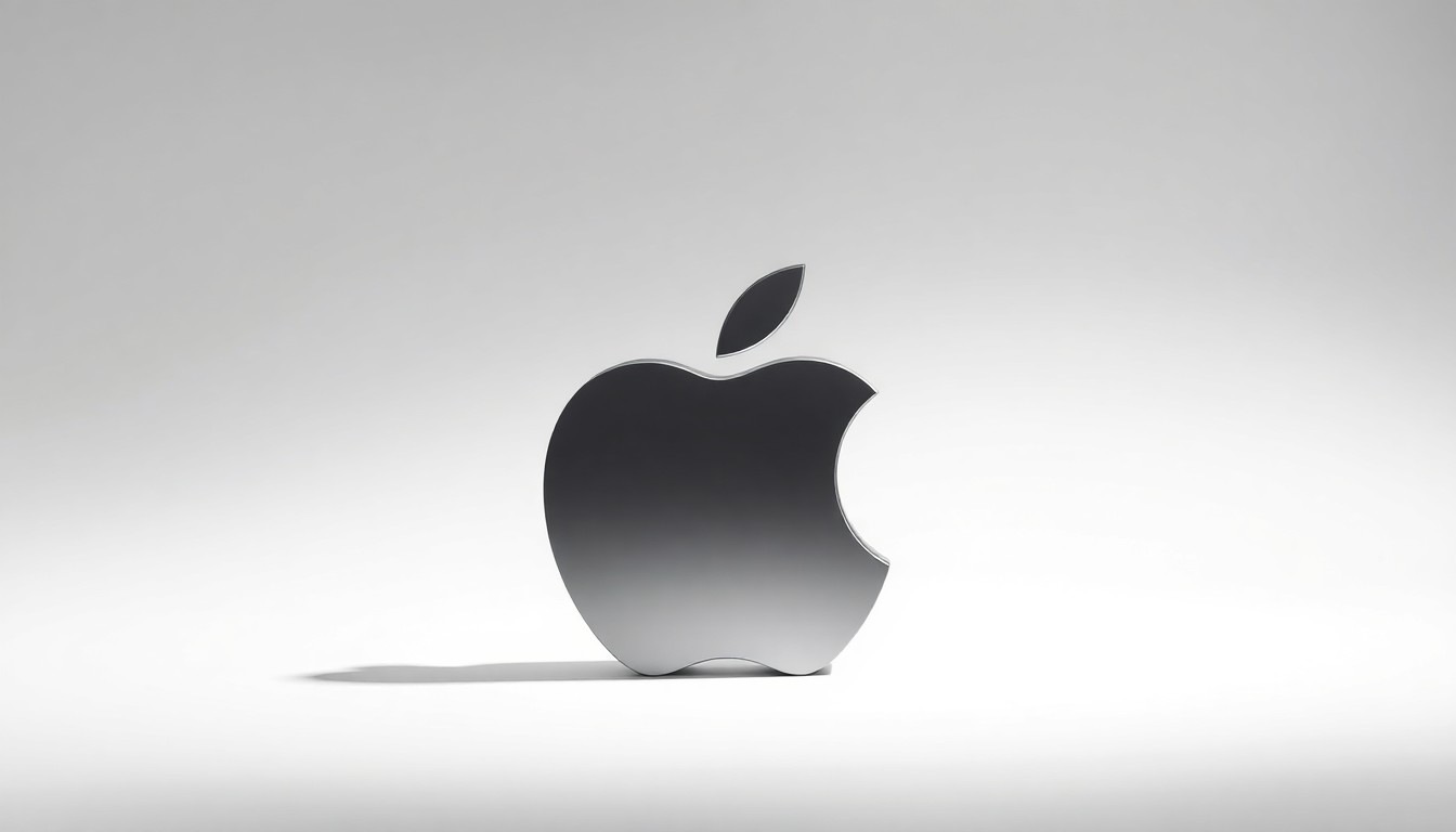 A minimalist, high-contrast studio photograph featuring a slightly tilted, silver Apple logo sculpture sitting alone on a clean, white background, symbolizing the tension and uncertainty surrounding the closure of this pioneering unionized retail location.