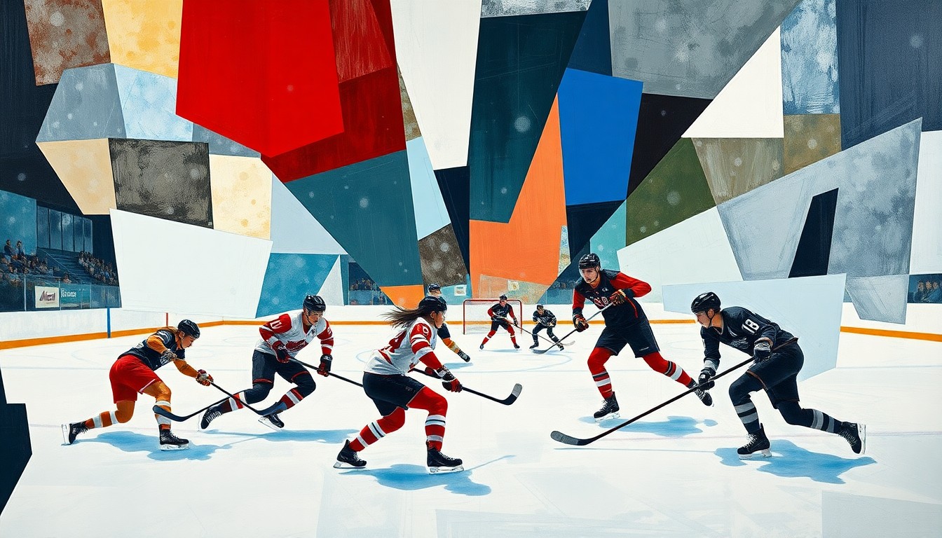 A fractured, multi-perspective painting in bold, geometric shapes and colors, depicting the dynamic action and energy of a women's hockey game between the USA and Canada national teams.