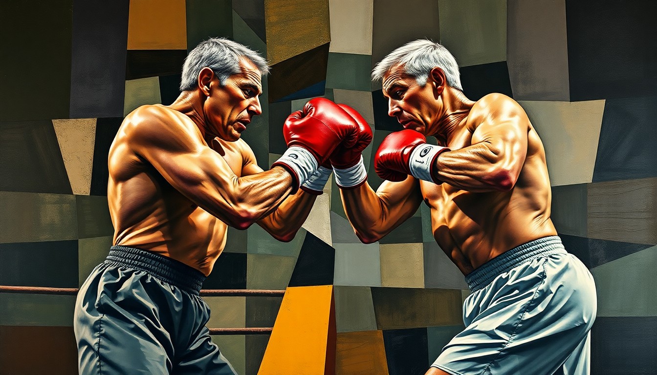 A cubist-style painting depicting a boxing match between two figures, broken down into sharp, overlapping geometric shapes in muted tones, conveying the fragmented and outdated nature of the sport.