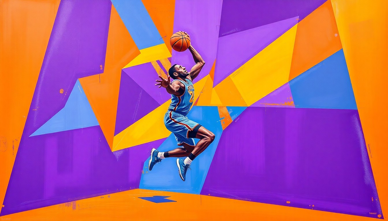 A cubist-style painting depicting a basketball player's chasedown block, with the action broken down into sharp, overlapping geometric shapes and planes of vibrant purple, orange, and blue colors.