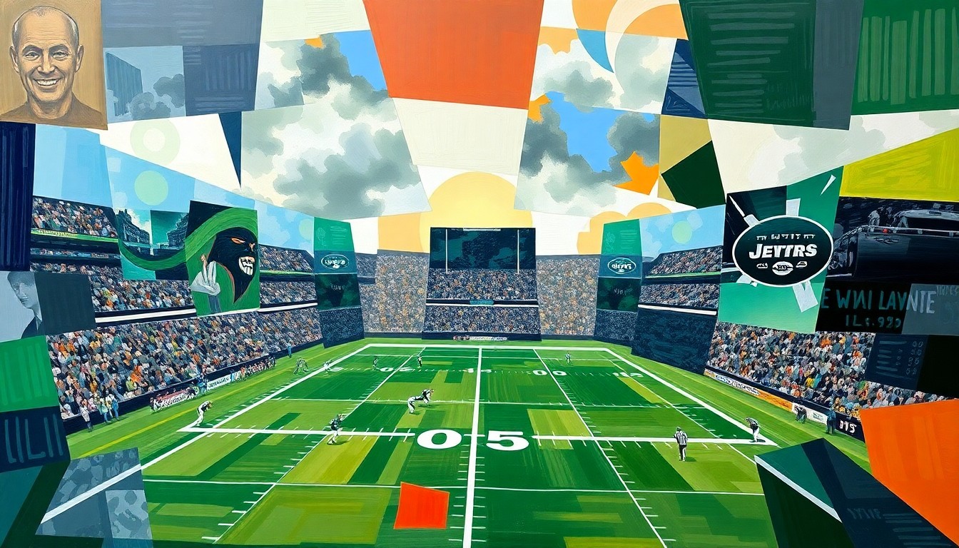 A cubist, geometric painting depicting a fragmented New York Jets football game, with overlapping planes of color and form representing the dynamic action on the field.