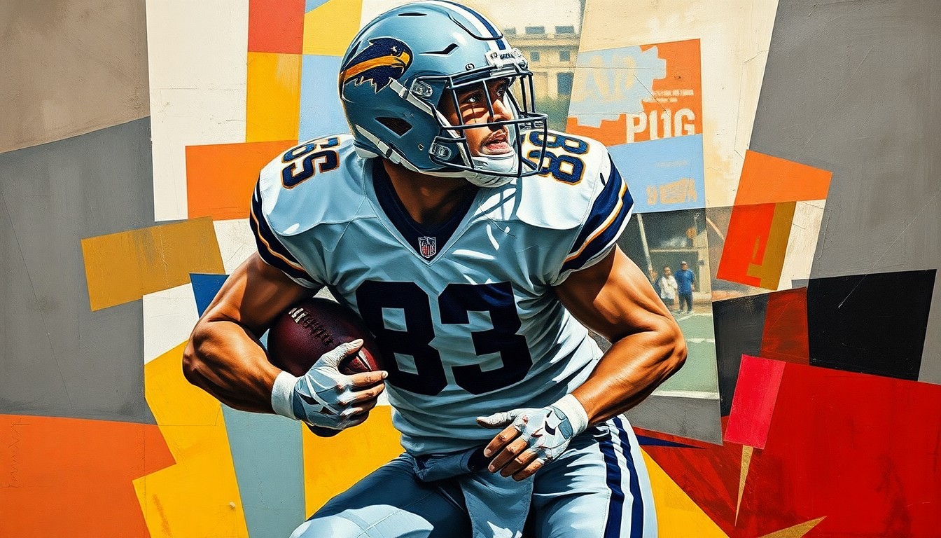 A cubist-style painting depicting a football player in coverage, with sharp, overlapping geometric shapes and planes representing the intensity and complexity of the defensive play.