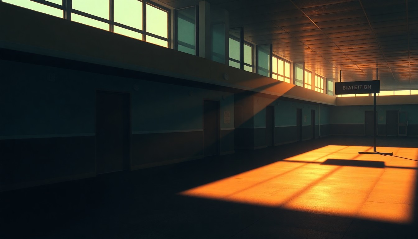 A photorealistic painting of an empty, dimly lit government building with a lone figure standing outside, conceptually representing the complex issues surrounding immigration and victim support.