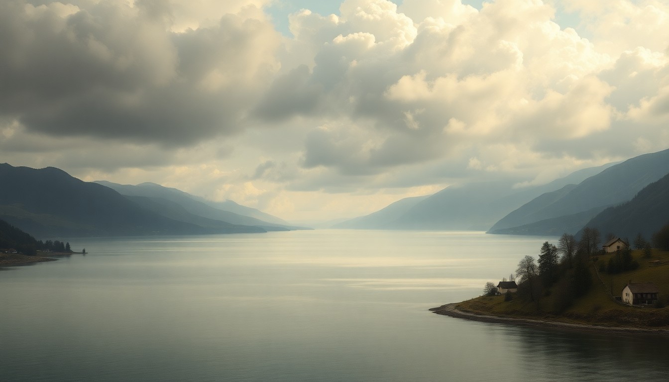 A sweeping, atmospheric landscape painting depicting a serene lake surrounded by rolling hills, with the water's edge lapping at the base of nearby structures, conveying the sense of rising water levels in the region.