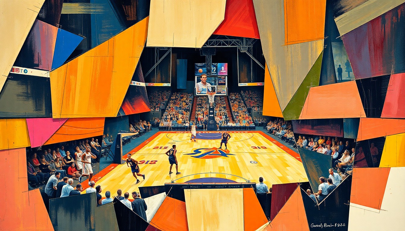 A fractured, cubist-style painting depicting a WNBA basketball game, with the players and court broken down into sharp, overlapping geometric shapes and planes, conveying the dynamic energy and movement of the sport.
