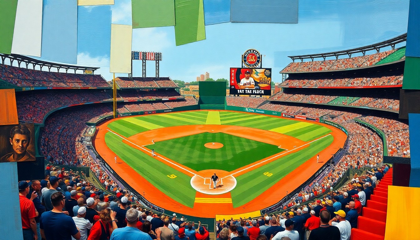 A cubist-style painting featuring overlapping geometric shapes and planes of bright blue, red, and yellow, conveying the dynamic action and energy of a baseball game.