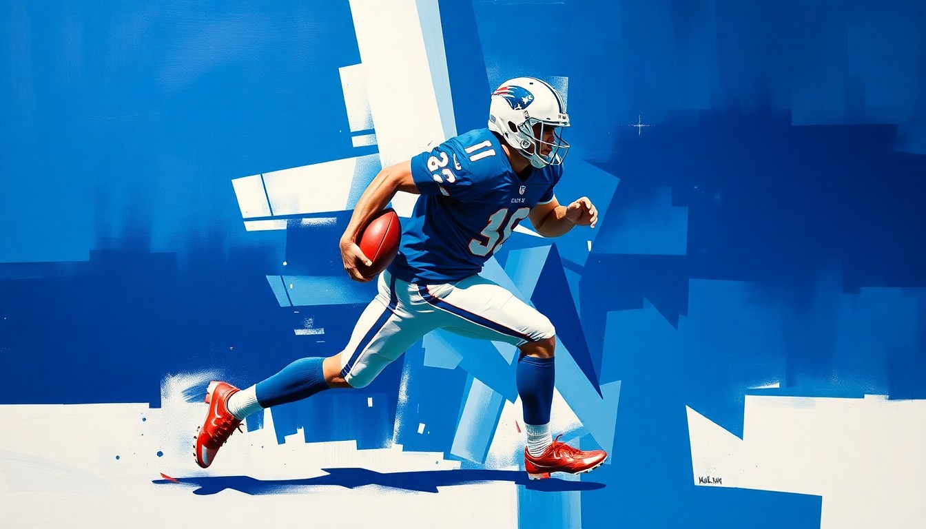 A fragmented, geometric painting depicting a football player in motion, with the figure broken down into sharp, overlapping planes of navy, royal blue, and white, conveying the dynamic energy of a skilled wide receiver.