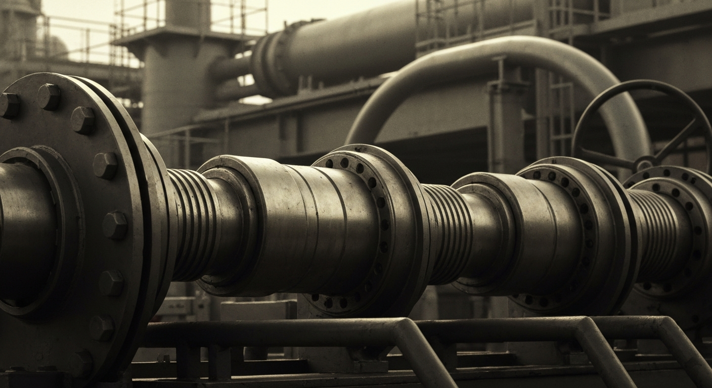 An extreme close-up of various metal gears, pipes, and other industrial components, conveying the heavy, tangible nature of the energy industry's physical assets.