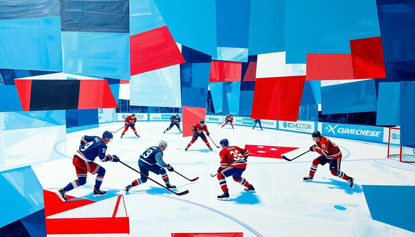 A fractured, multi-perspective painting in bold, vibrant colors, breaking down a hockey scene into sharp, overlapping geometric planes and abstract shapes, without any recognizable faces, logos or text.