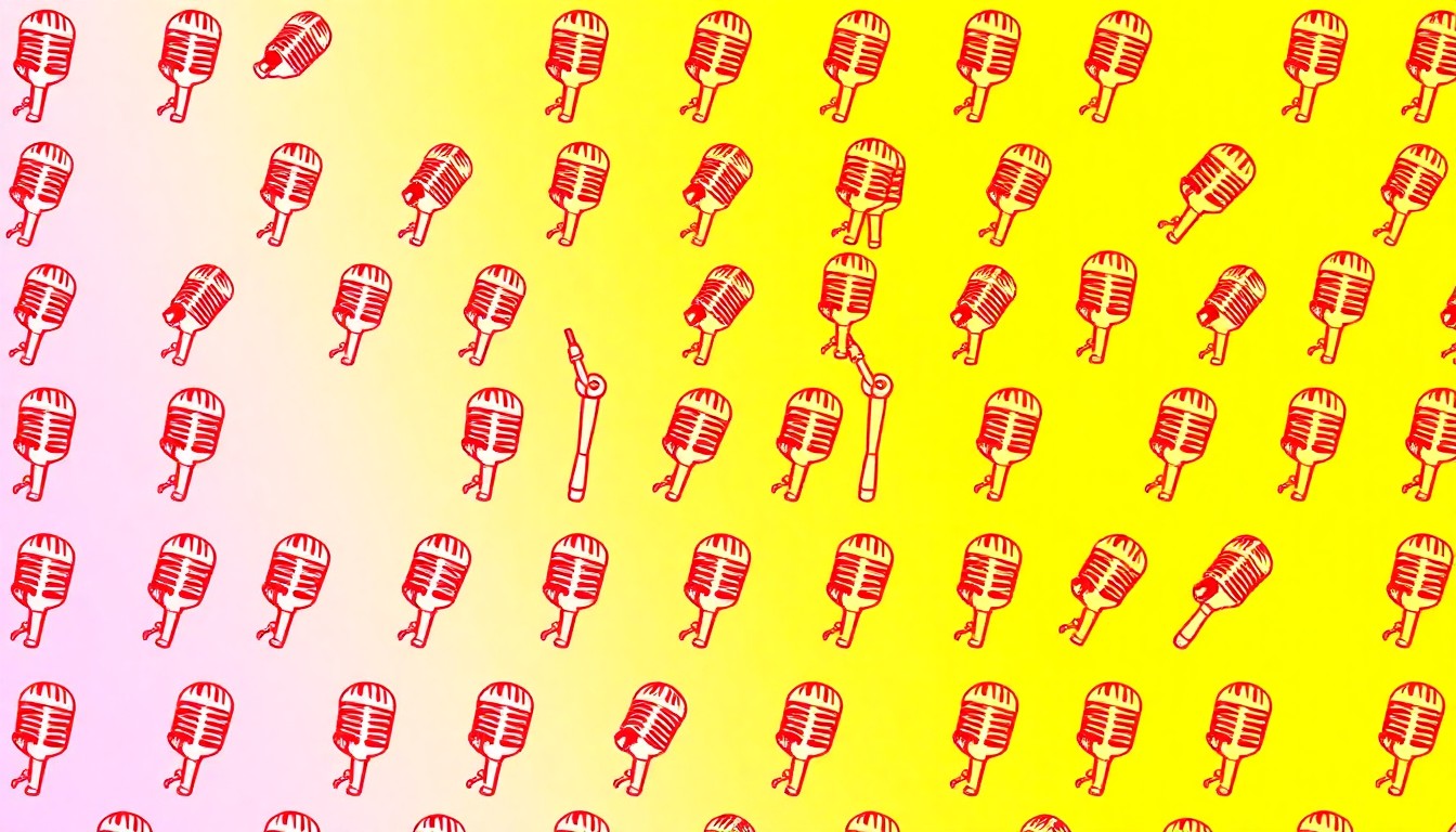 A bold, colorful silkscreen-style illustration featuring a repeating icon of a vintage microphone, conceptually representing the engaging, informative historical tour led by a charismatic speaker.
