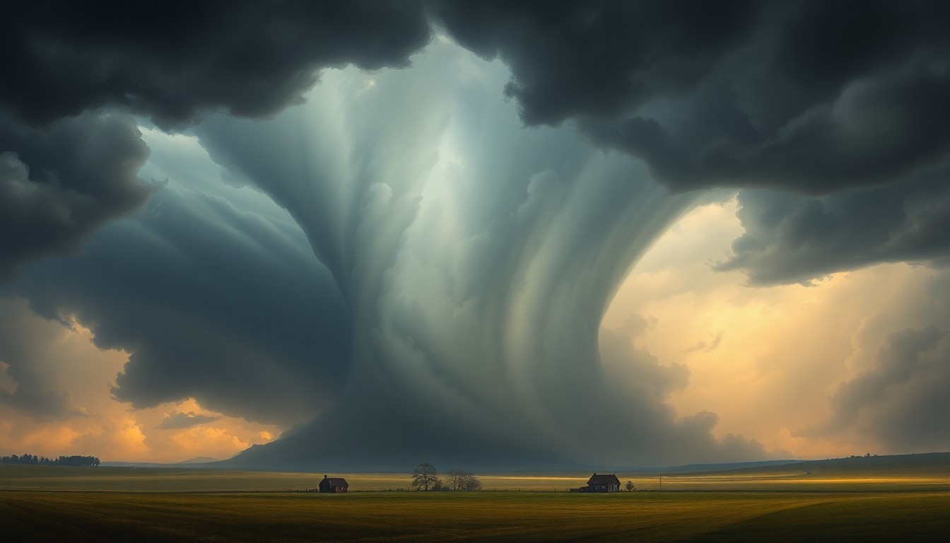 A sweeping, atmospheric landscape painting depicting a massive tornado twisting across the Missouri countryside, the swirling vortex of wind and clouds dwarfing any physical structures or objects in its path.