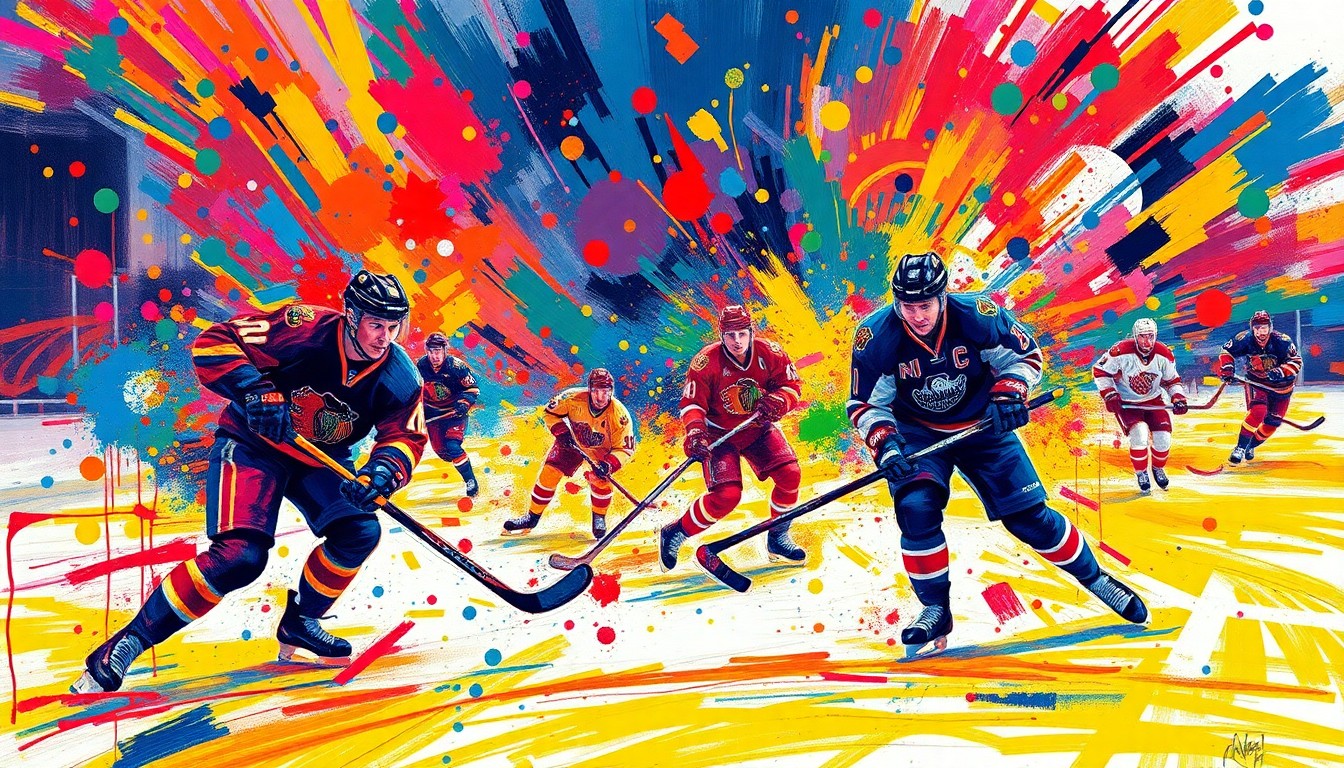 An abstract, energetic painting featuring dynamic hockey players in motion, their forms blending into a vibrant, neon-colored expressionist composition that captures the intensity of the game.