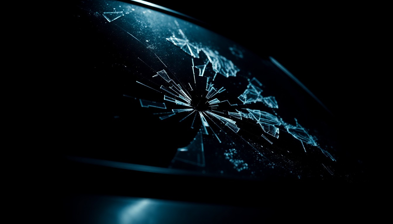 An extreme close-up photograph of shattered glass and twisted metal, capturing the gritty aftermath of a high-speed crash between a car and a police vehicle.