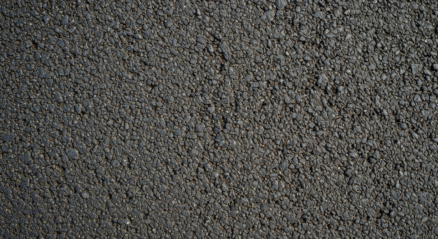 An extreme close-up of the rough, pebbled texture of freshly poured asphalt, conveying the physical materials and labor involved in road maintenance and construction.